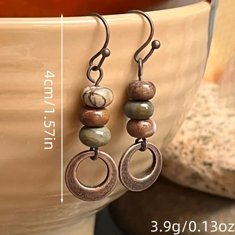 Rustic Stone Bead Hoop Drop Earrings