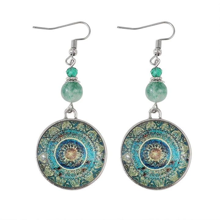 Boho Mandala Glass Disc Drop Earrings
