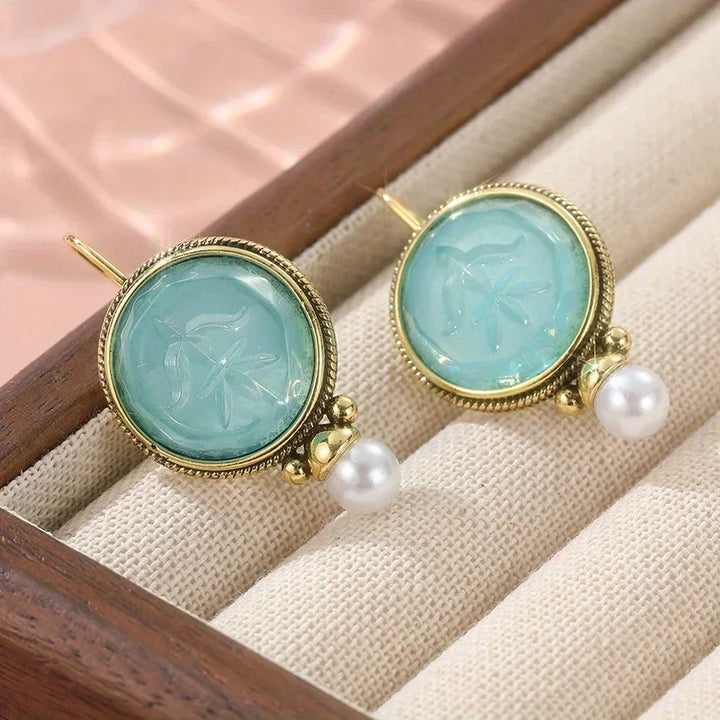 Aqua Carved Gem & Pearl Drop Earrings