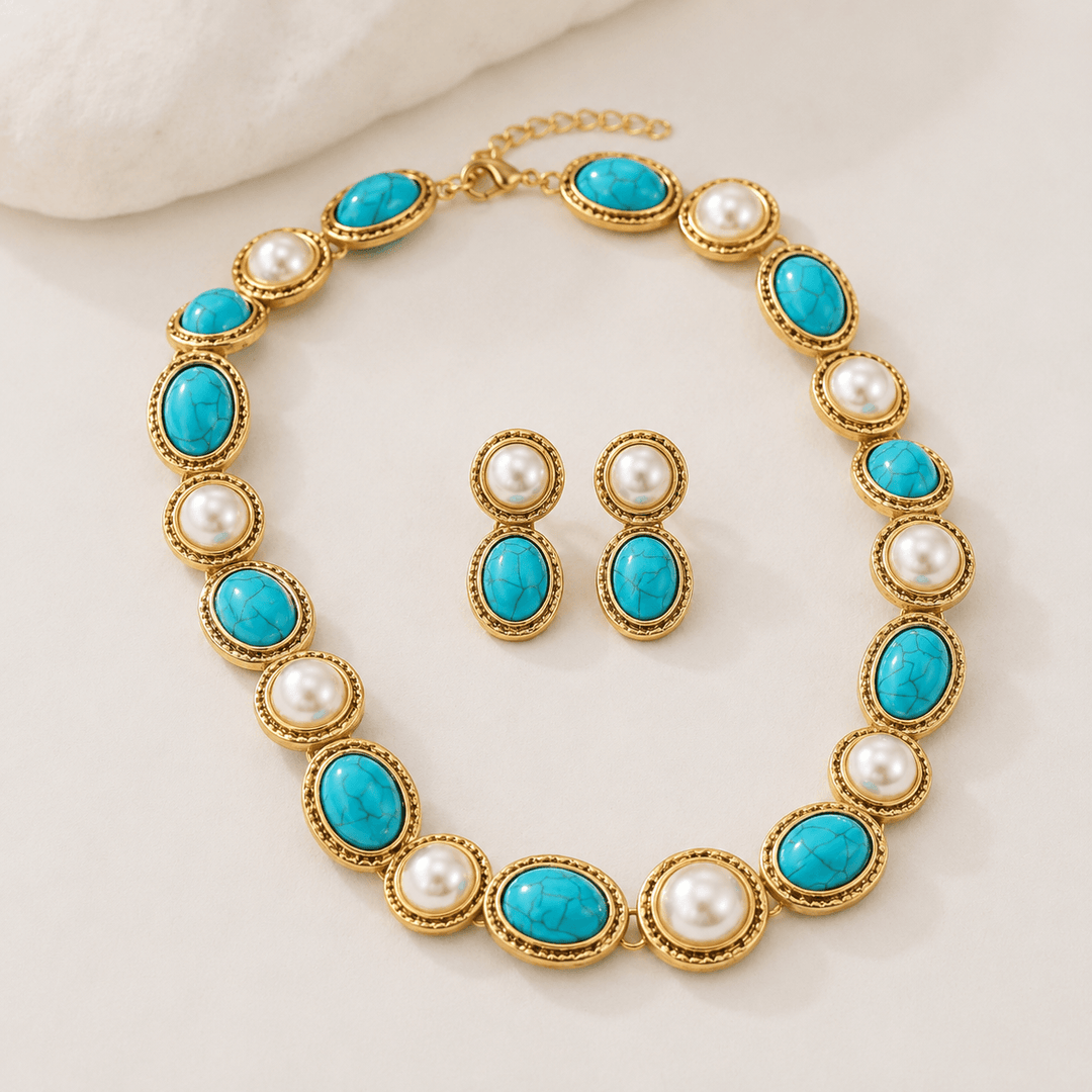 Turquoise & Pearl Antique Gold Statement Set