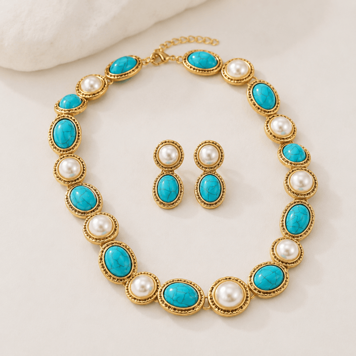 Turquoise & Pearl Antique Gold Statement Set