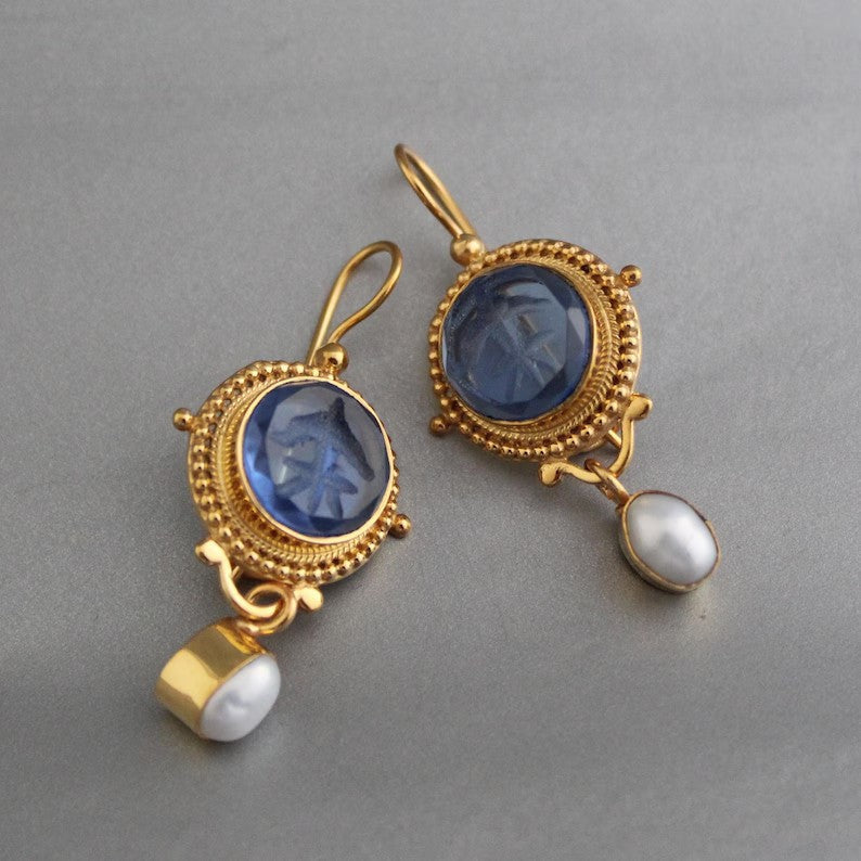 Vintage Deep Blue Crystal & Pearl Earrings