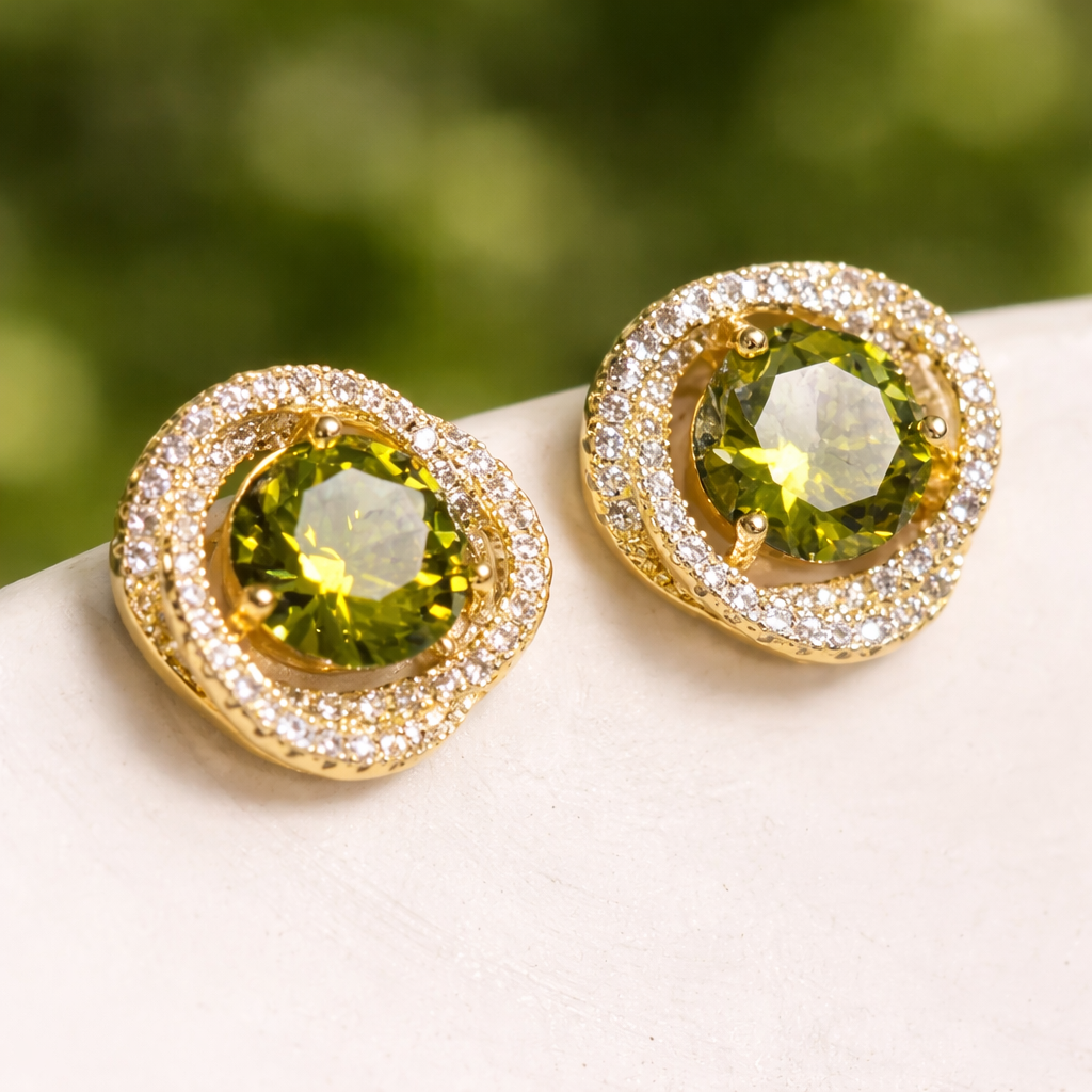 Vintage bloemoorknopjes met groene zirkonia en dubbele halo
