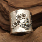 Vintage verzilverde ring met bloemdesign