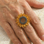 Vintage zonnebloemring bezet met zirkonia
