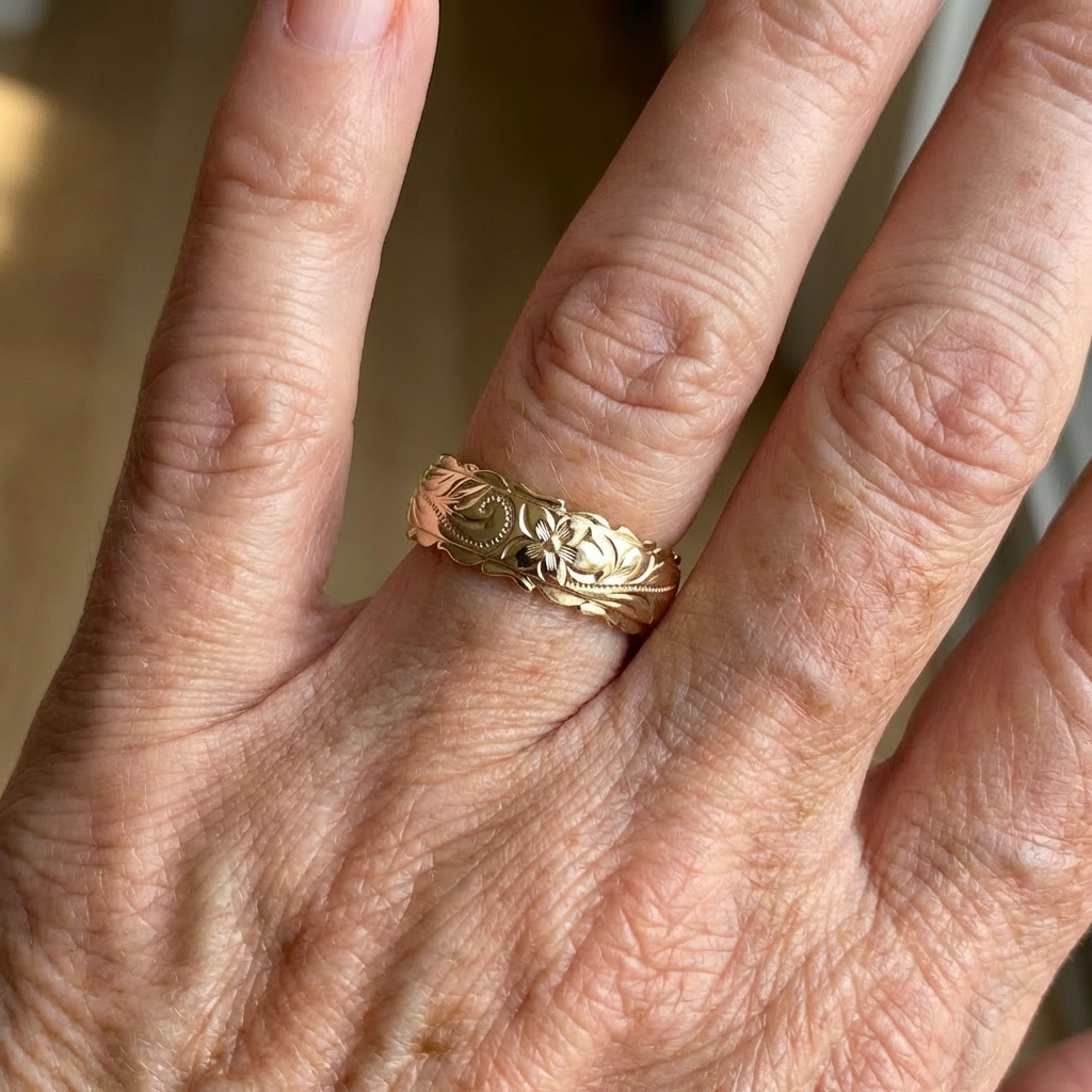Vintage vergulde ringband met gegraveerd bloemmotief
