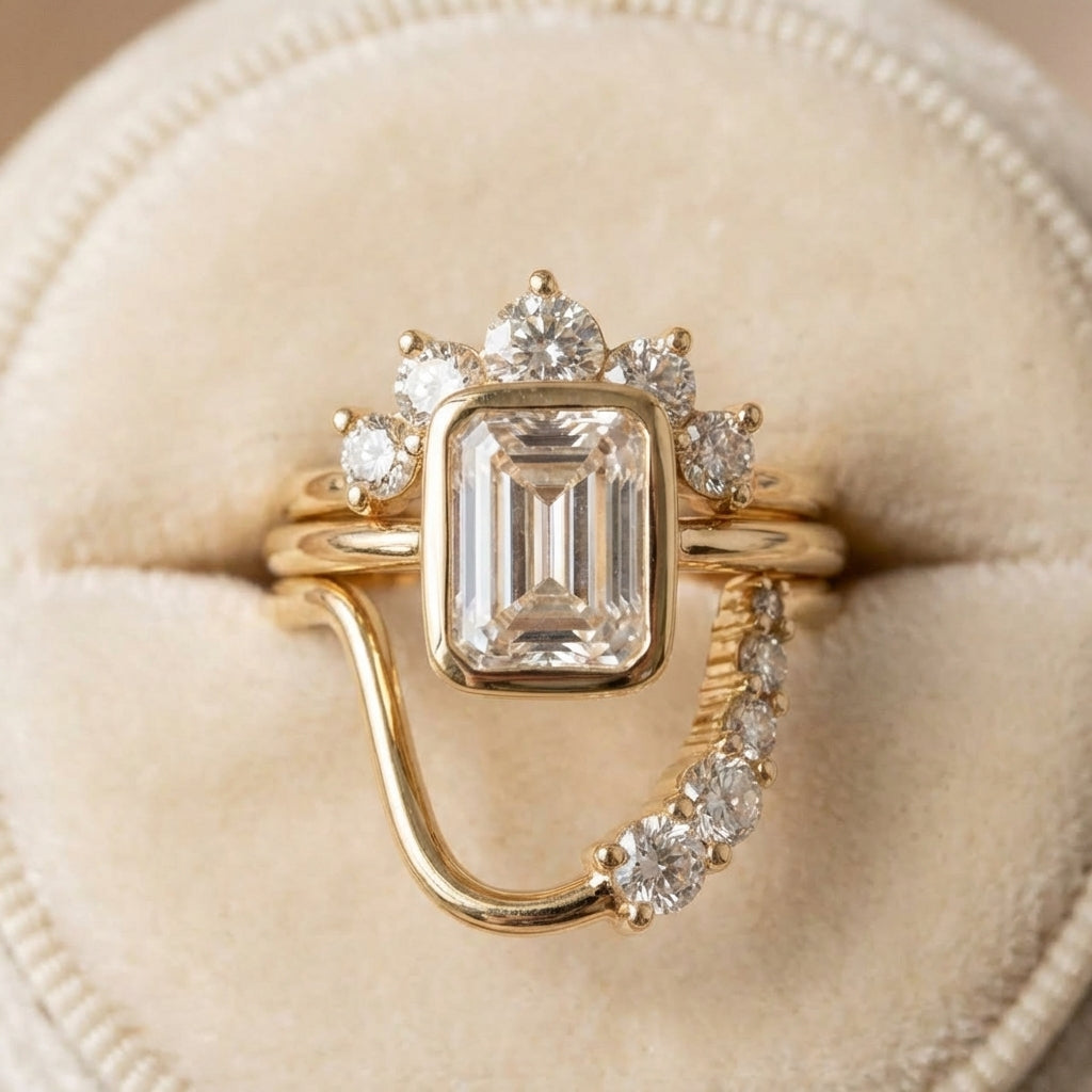 Vintage vergulde stapelring met emerald geslepen zirkonia