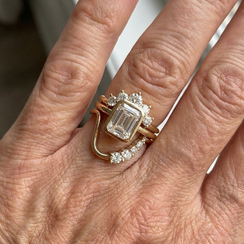 Vintage vergulde stapelring met emerald geslepen zirkonia