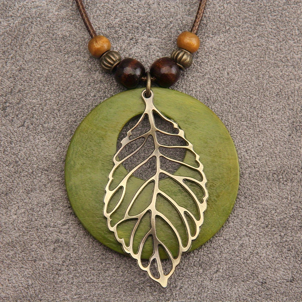 Bohemien waxkoord bladvormige hanger lange ketting