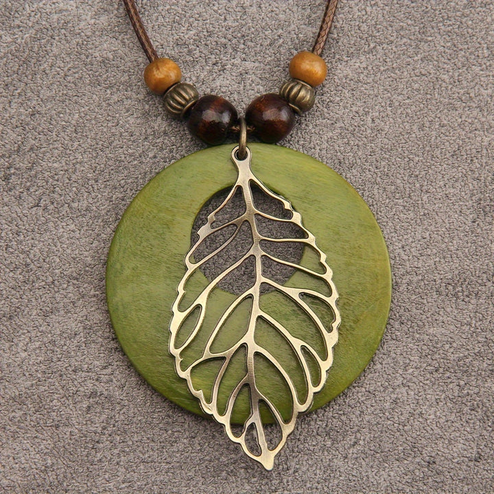 Bohemian Wax Rope Leaf Shaped Pendant Long Necklace