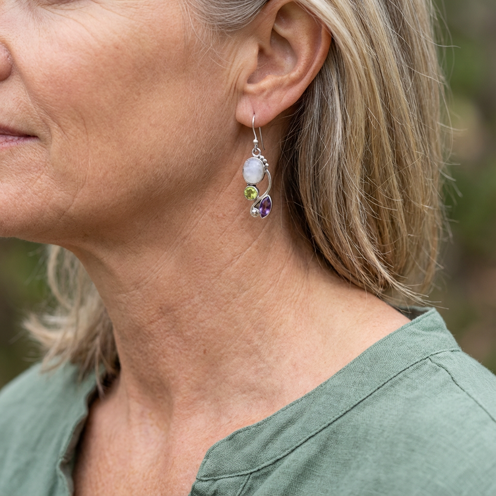 Elegante cascade oorbellen met maansteen, amethist en peridoot