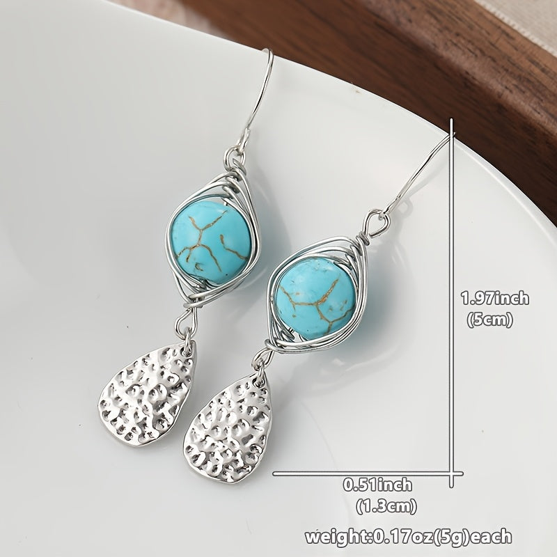 Elegant Retro Wire-Wrapped Turquoise Metal Pendant Earrings