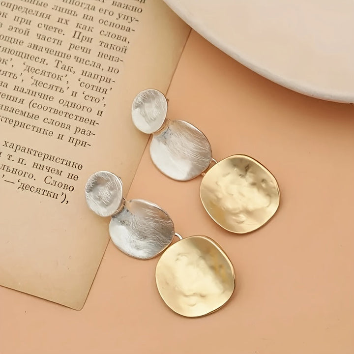 Geometric Two-Tone Hammered Disc Drop Earrings
