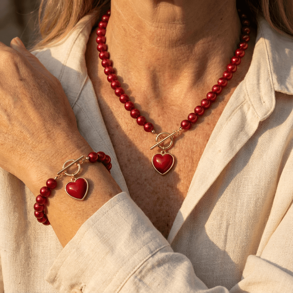 Elegante set met acryl rood hart ketting en armband