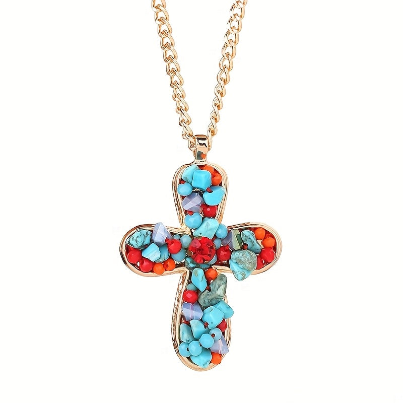 Bohemian Vibrant Colorful Turquoise Cross Pendant Necklace