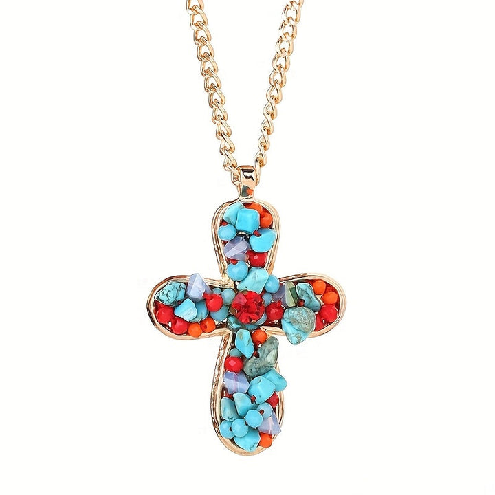 Bohemian Vibrant Colorful Turquoise Cross Pendant Necklace
