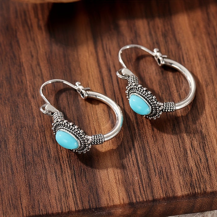Vintage Ethnic Style Turquoise Oval Hoop Earrings