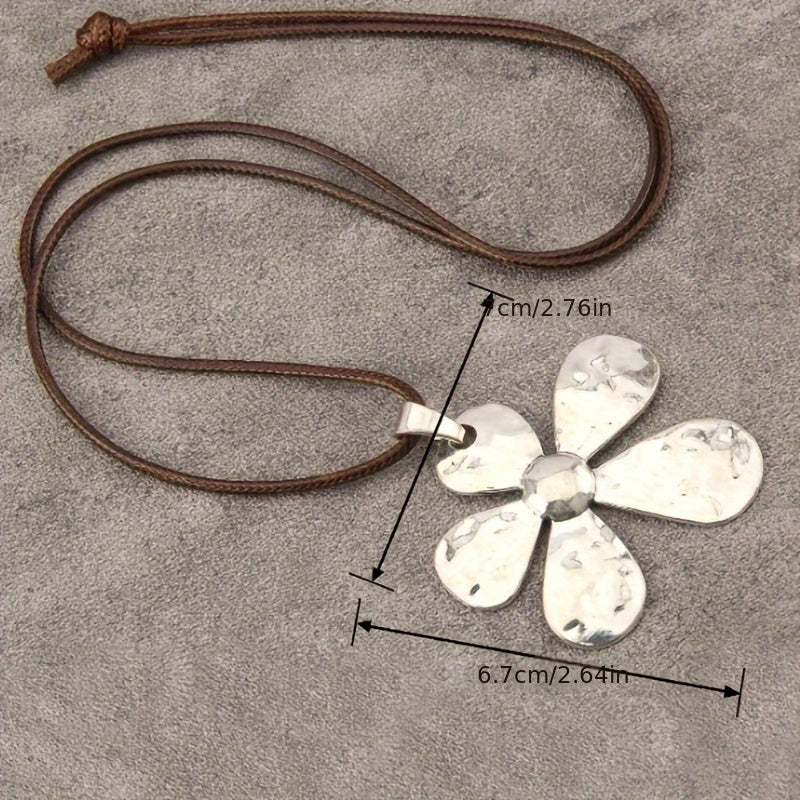 Minimalist Hammered Asymmetrical Flower Pendant Adjustable Necklace