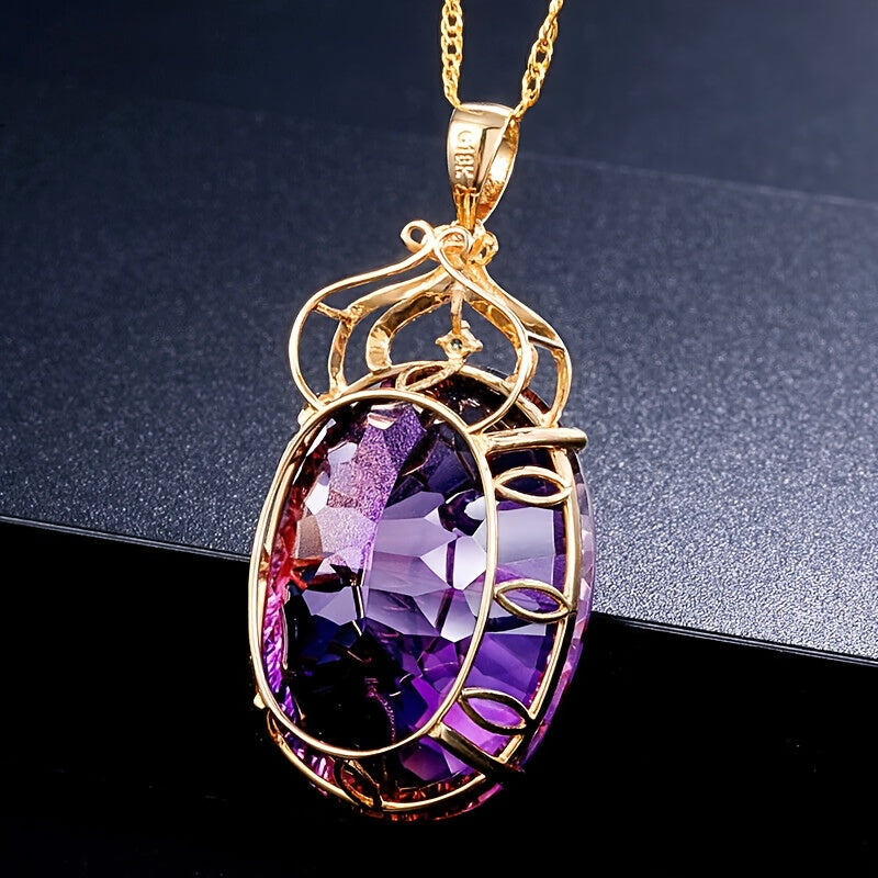 Elegant Purple Synthetic Zirconia Inlaid Oval Pendant Necklace