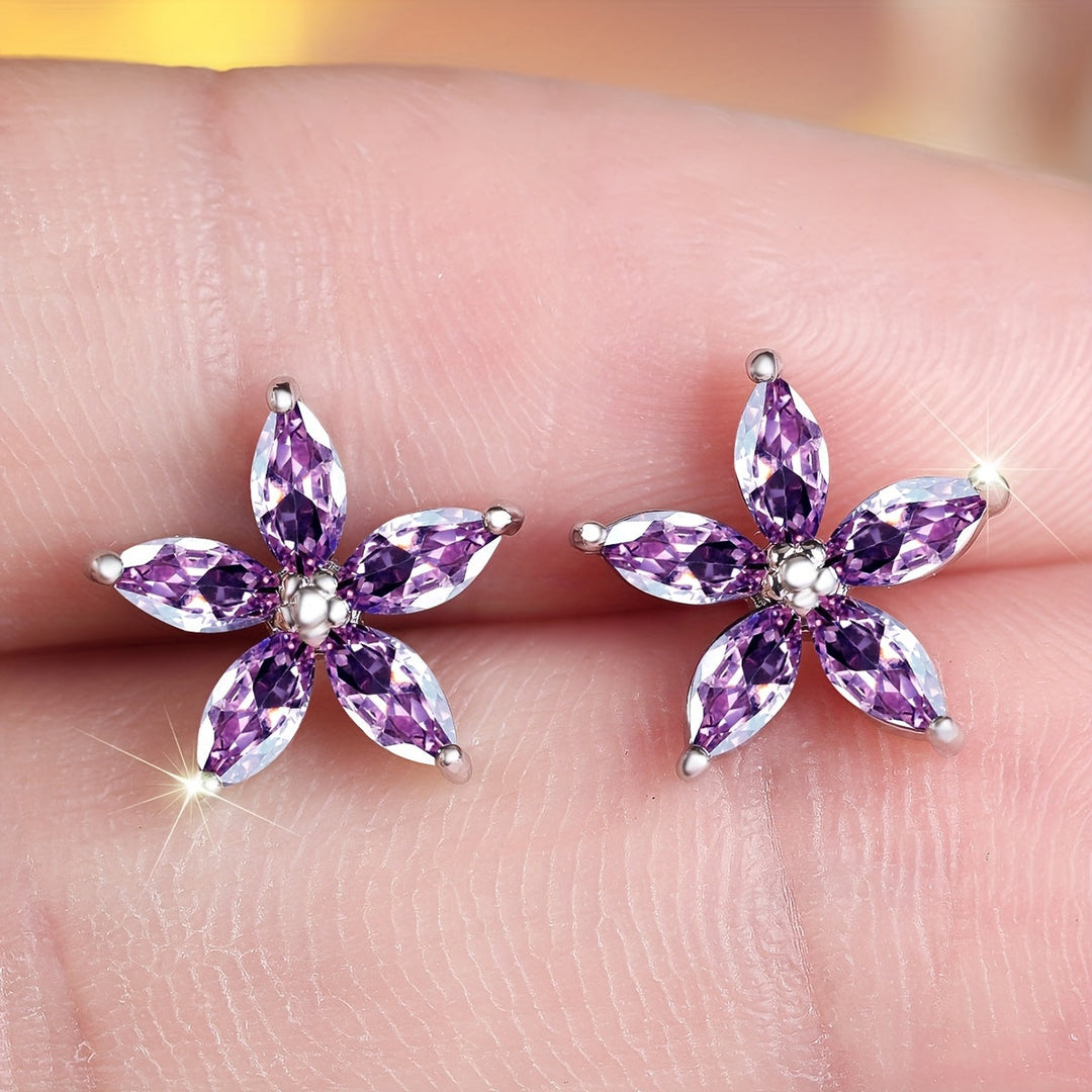 Elegant Purple Zirconia Flower Stud Earrings