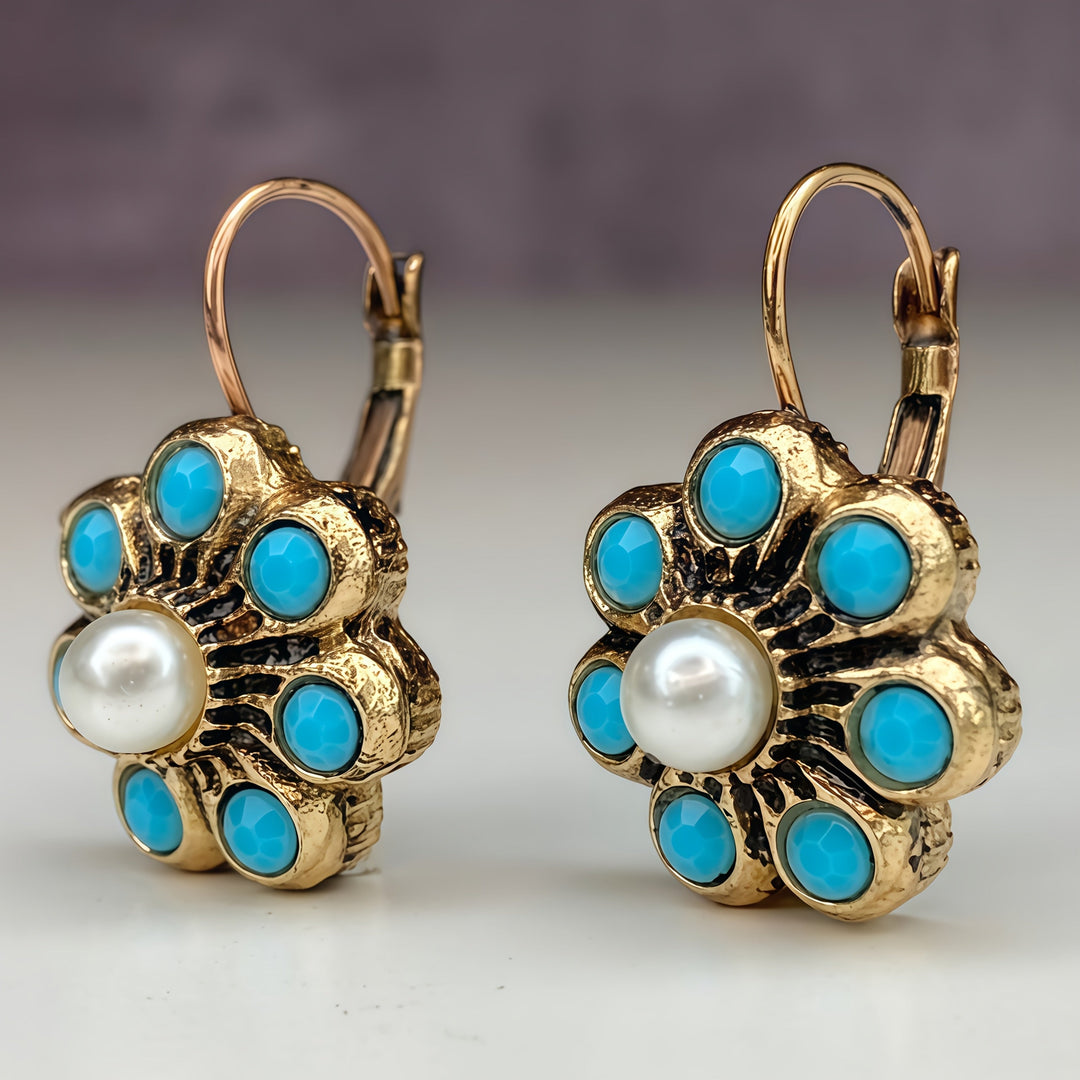 Vintage Style Turquoise And Pearls Flower Earrings