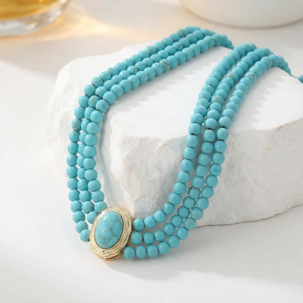 Turkooizen choker ketting met drie strengen