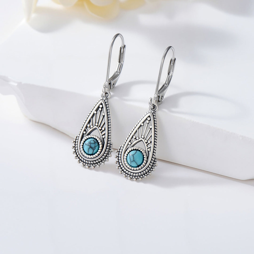 Bohemian Silver Plated Filigree Teardrop Turquoise Dangle Earrings