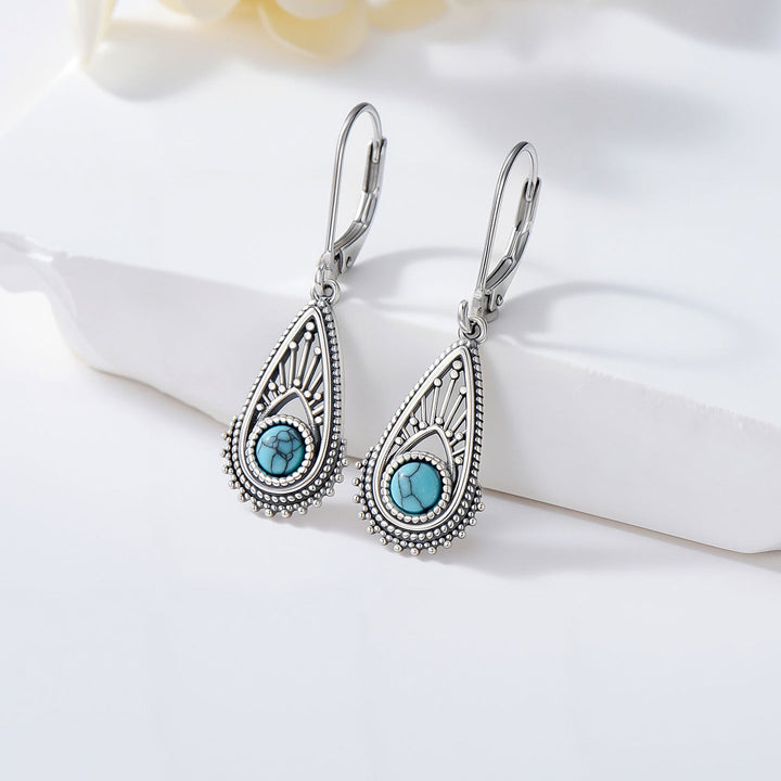Bohemian Silver Plated Filigree Teardrop Turquoise Dangle Earrings
