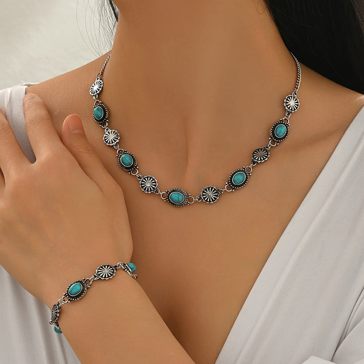 Bohemian Turquoise & Silver Floral Necklace and Bracelet Set