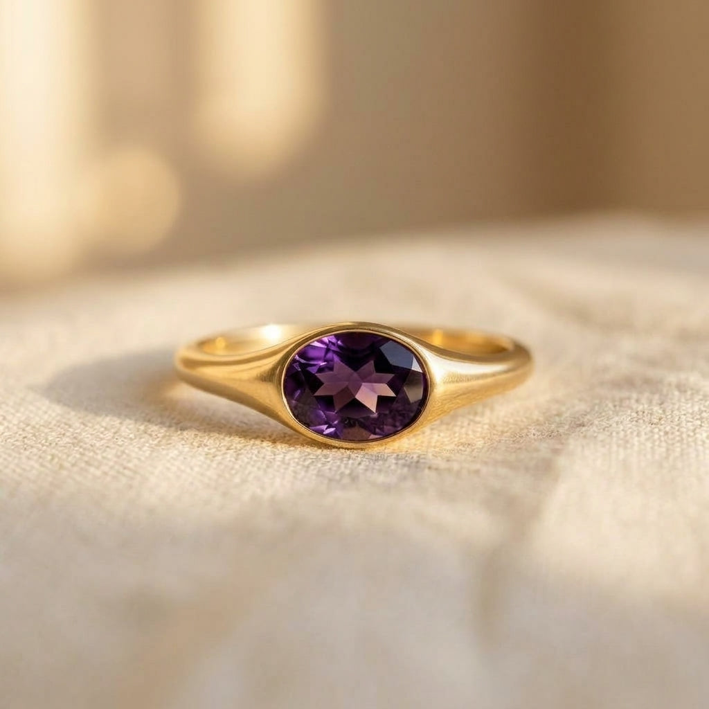 Violette goudkleurige statement ring met amethistkristal