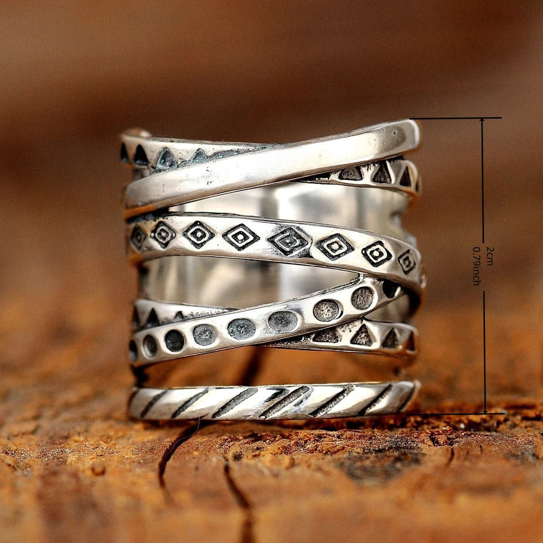 Vintage Multilayer Geometric Pattern Wide Ring
