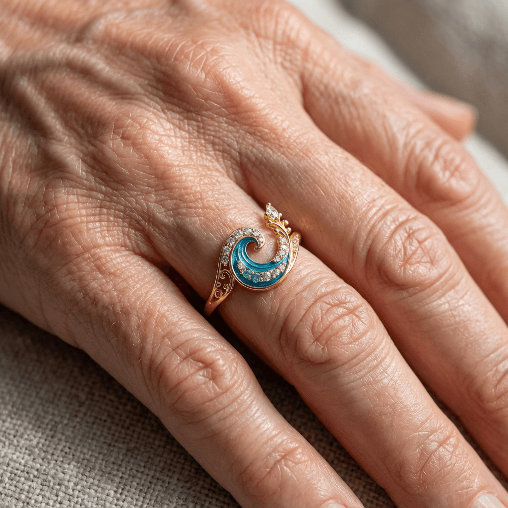 Oceaangolf ring in goudkleur met blauw kristal