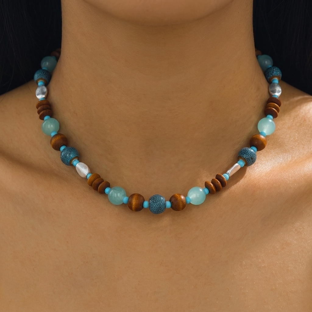 Vintage bohemien choker ketting met keramische glaskralen