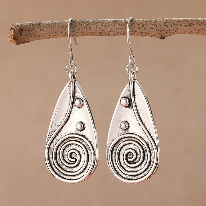 Vintage Spiral Teardrop Primitive Sun Silver Plated Earrings