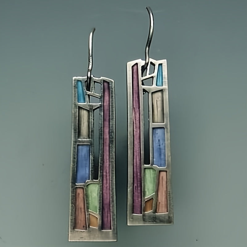 Vintage verzilverde geometrische kleurrijke oorhangers