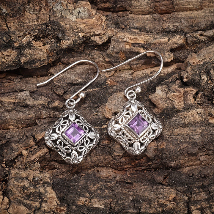 Vintage Purple Zirconia Floral Filigree Drop Earrings