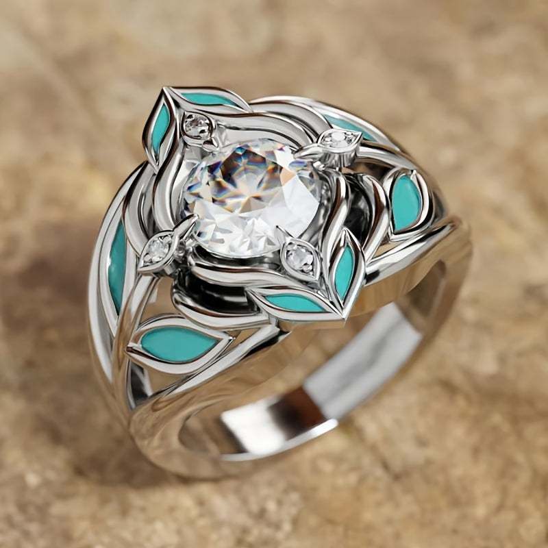Elegante bohemien ring met turkooizen blad en zirkonia kristal