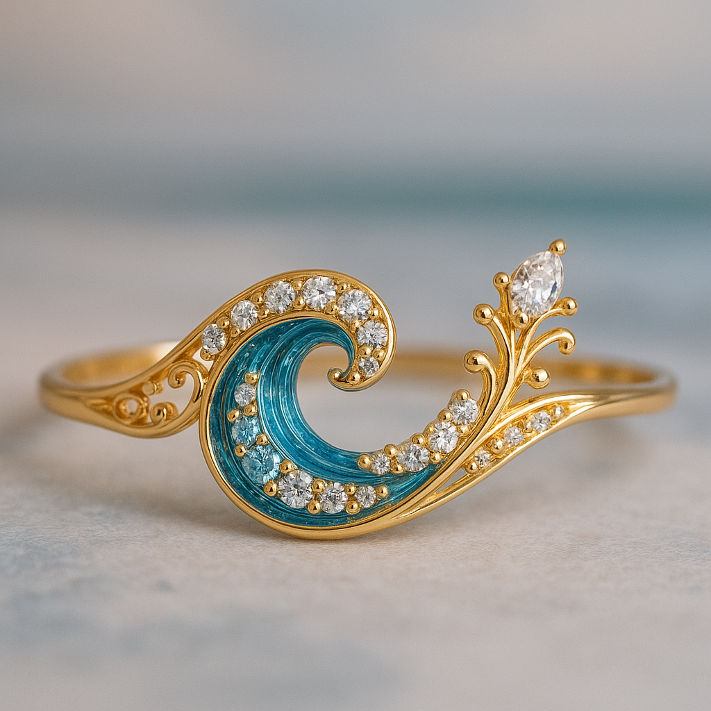 Oceaangolf ring in goudkleur met blauw kristal