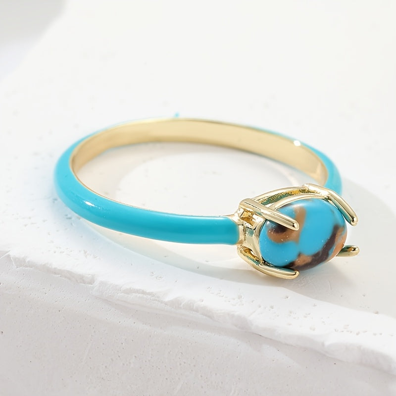 Vintage vergulde ring met geëmailleerd geometrisch ovaal turkoois