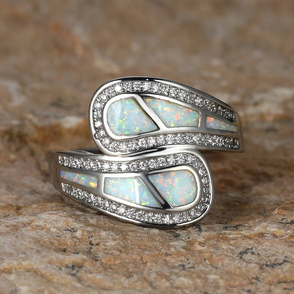 Vintage Bohemian White Opal Stone Silver Plated Ring