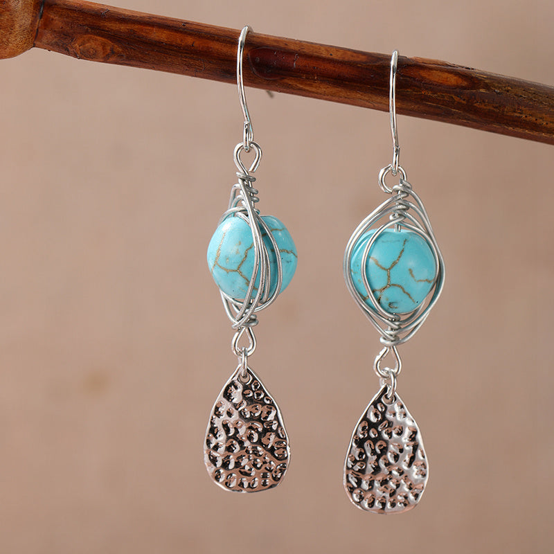 Elegant Retro Wire-Wrapped Turquoise Metal Pendant Earrings