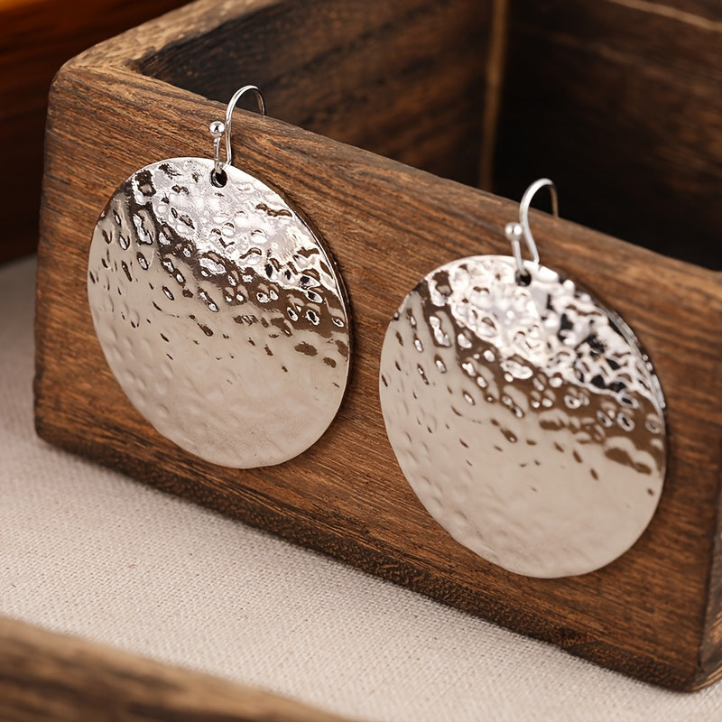 Vintage Hammered Large Disk Dangle Circle Earrings