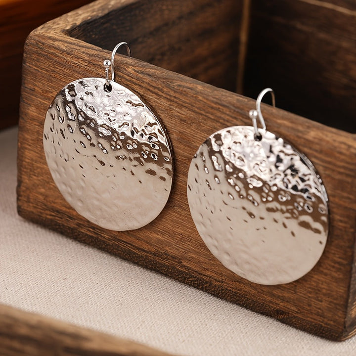 Vintage Hammered Large Disk Dangle Circle Earrings
