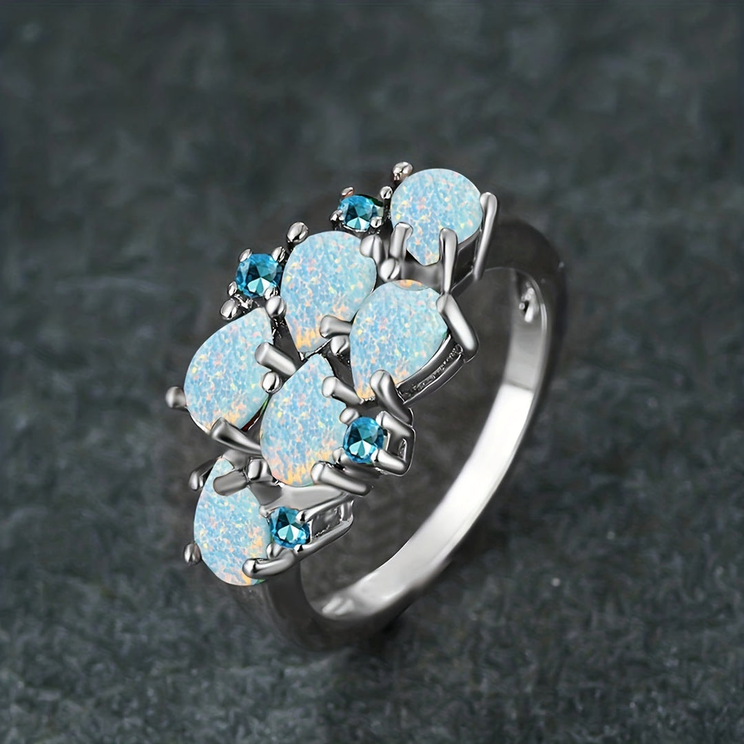 Classic Green Water Drop Opal Cluster Ring