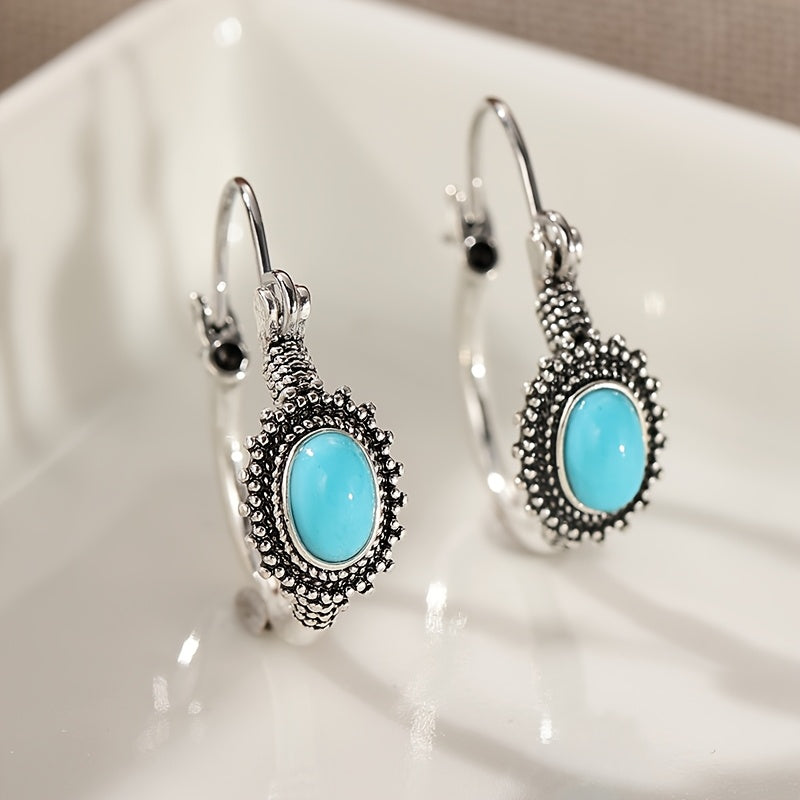 Vintage Retro Style Elongated Turquoise Round Splicing Earrings