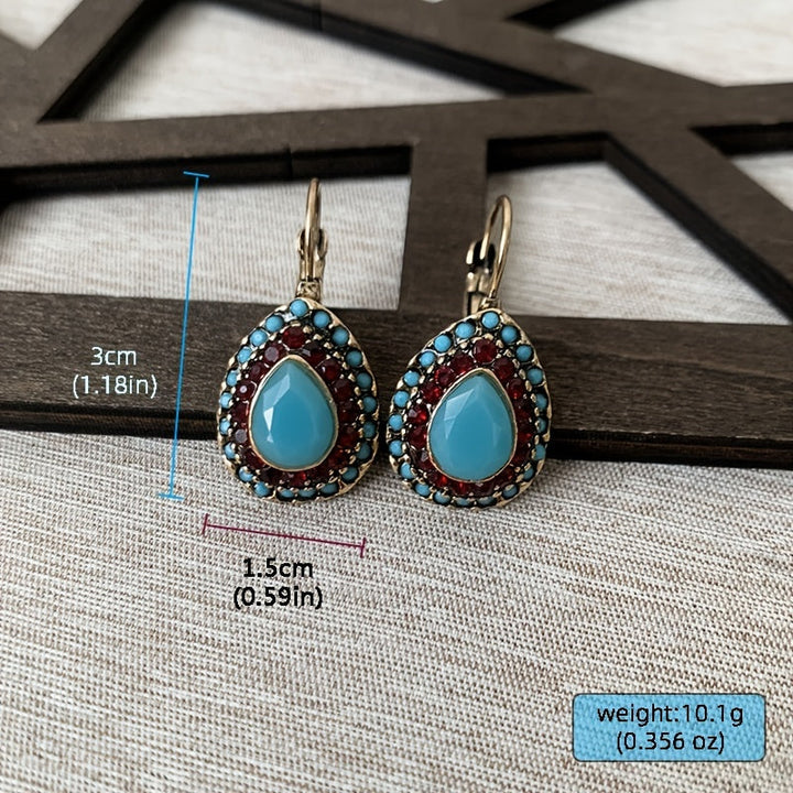 Vintage Turquoise Rhinestone Teardrop Resin Earrings