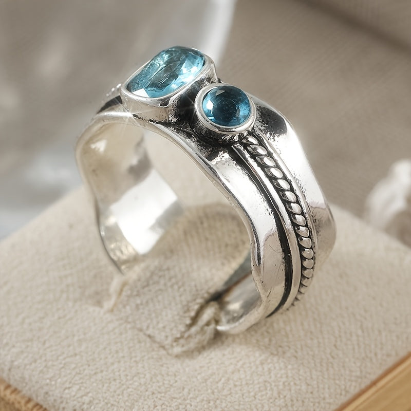 Minimalistische geometrische blauwe zirkonia ring met retro design