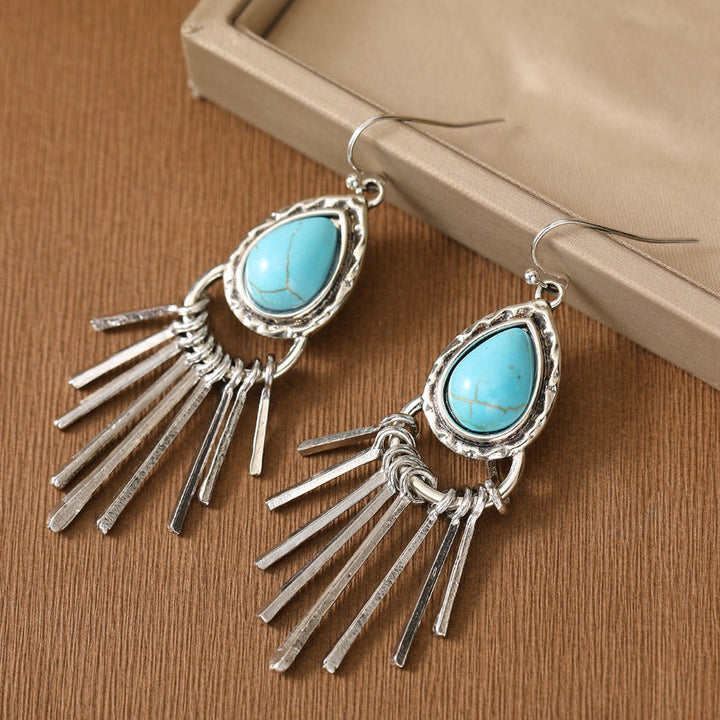 Vintage Bohemian Zinc Alloy Tassel Design Turquoise Long Earrings