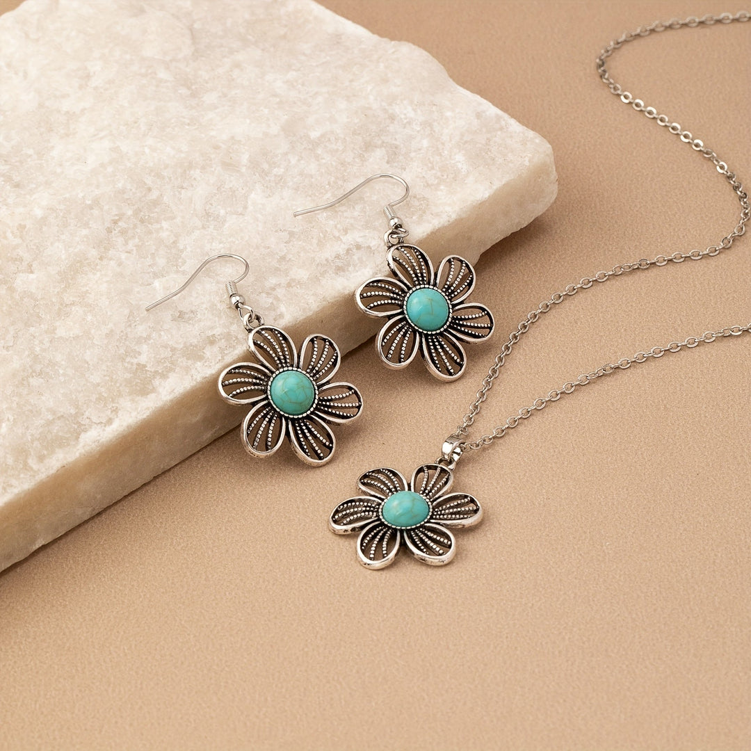 Vintage Turquoise Flower Silver Plated Necklace & Earring Set