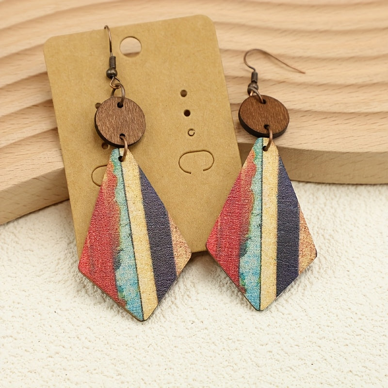 Bohemien stijl gestreepte houten inleg oorhangers
